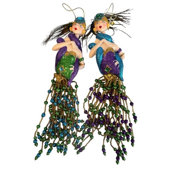 Mardi Gras Porcelain Mermaid Ornaments Set of 2 Beaded Fringe Purple Green Gold - Picture 2 of 6